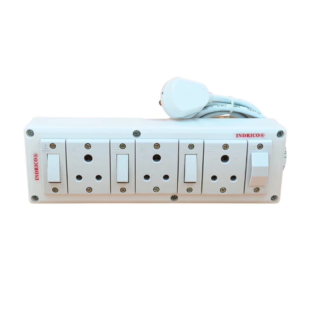 INDRICO Electrical Power Junction Box with Individual Switches Sockets, Long Wire Cable Wall Fitting Board Electric Extension Multi Outlets Spike Guard PVC White