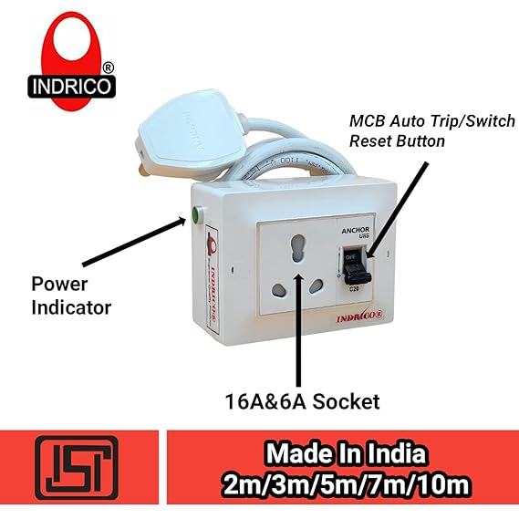 INDRICO 16 Amp Extension Board for Heavy Duty with MCB PVC White Pack of 1 (1.5 MM Cable, 1.5 Meter)