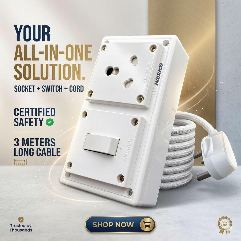 Heavy Duty 16a Extension Board With Individual Switch Power Indicator 15A 16A 20A Wall Mount Earthing Connected Long Copper Cable(Max. rating 3000W)