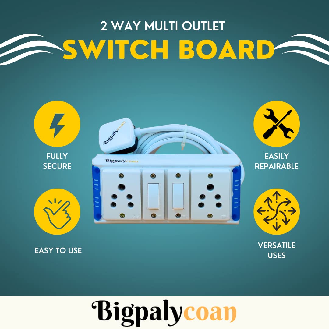 Bigpalycoan 2 Way Extension Multi Outlet Electrical Switch Board with Individual Switch Heavy Duty 2 metre Cord (Max. Rating 1200W- 230V) PVC Blue/Green-White