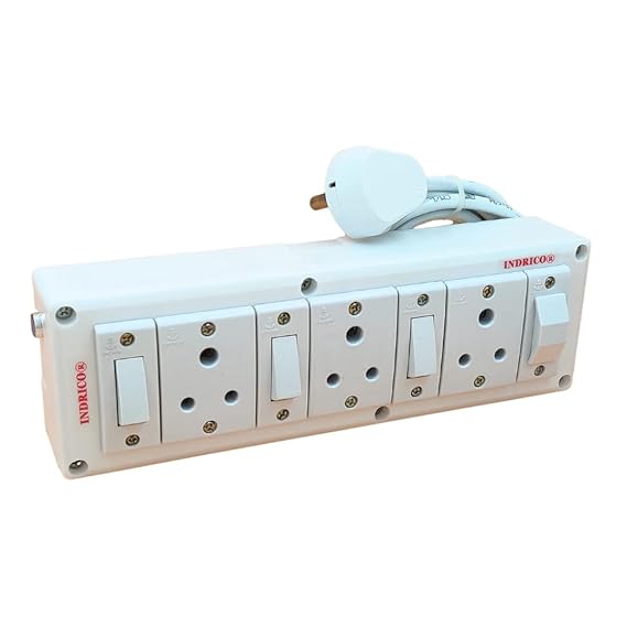 INDRICO Electrical Power Junction Box with Individual Switches Sockets, Long Wire Cable Wall Fitting Board Electric Extension Multi Outlets Spike Guard PVC White