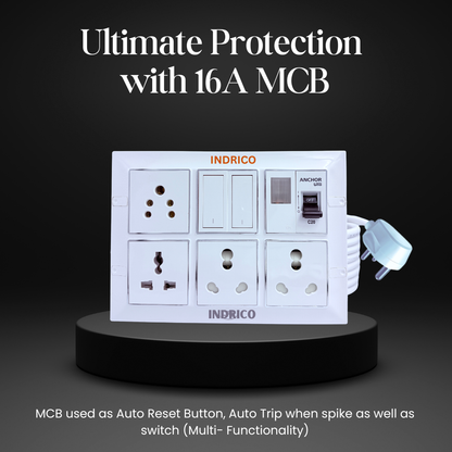 INDRICO Multi Outlet Socket Extension AC Switch Board with MCB 20A 15A 6A 16 Amp Box with Copper Cord Heavy Duty Wall Mounted up-to 5000 Watts 220 Volts