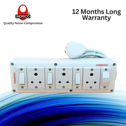 INDRICO Electrical Power Junction Box with Individual Switches Sockets, Long Wire Cable Wall Fitting Board Electric Extension Multi Outlets Spike Guard PVC White