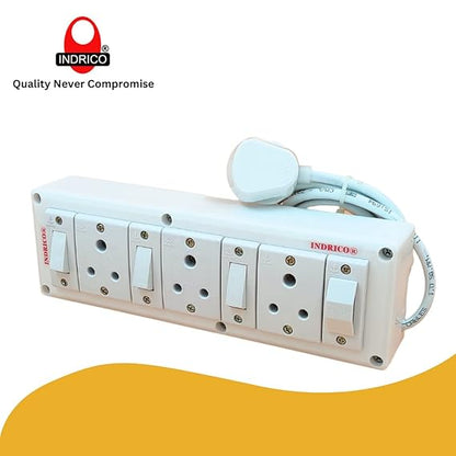 INDRICO Electrical Power Junction Box with Individual Switches Sockets, Long Wire Cable Wall Fitting Board Electric Extension Multi Outlets Spike Guard PVC White