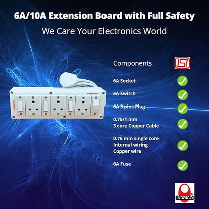 INDRICO Electrical Power Junction Box with Individual Switches Sockets, Long Wire Cable Wall Fitting Board Electric Extension Multi Outlets Spike Guard PVC White
