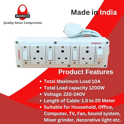 INDRICO Electrical Power Junction Box with Individual Switches Sockets, Long Wire Cable Wall Fitting Board Electric Extension Multi Outlets Spike Guard PVC White