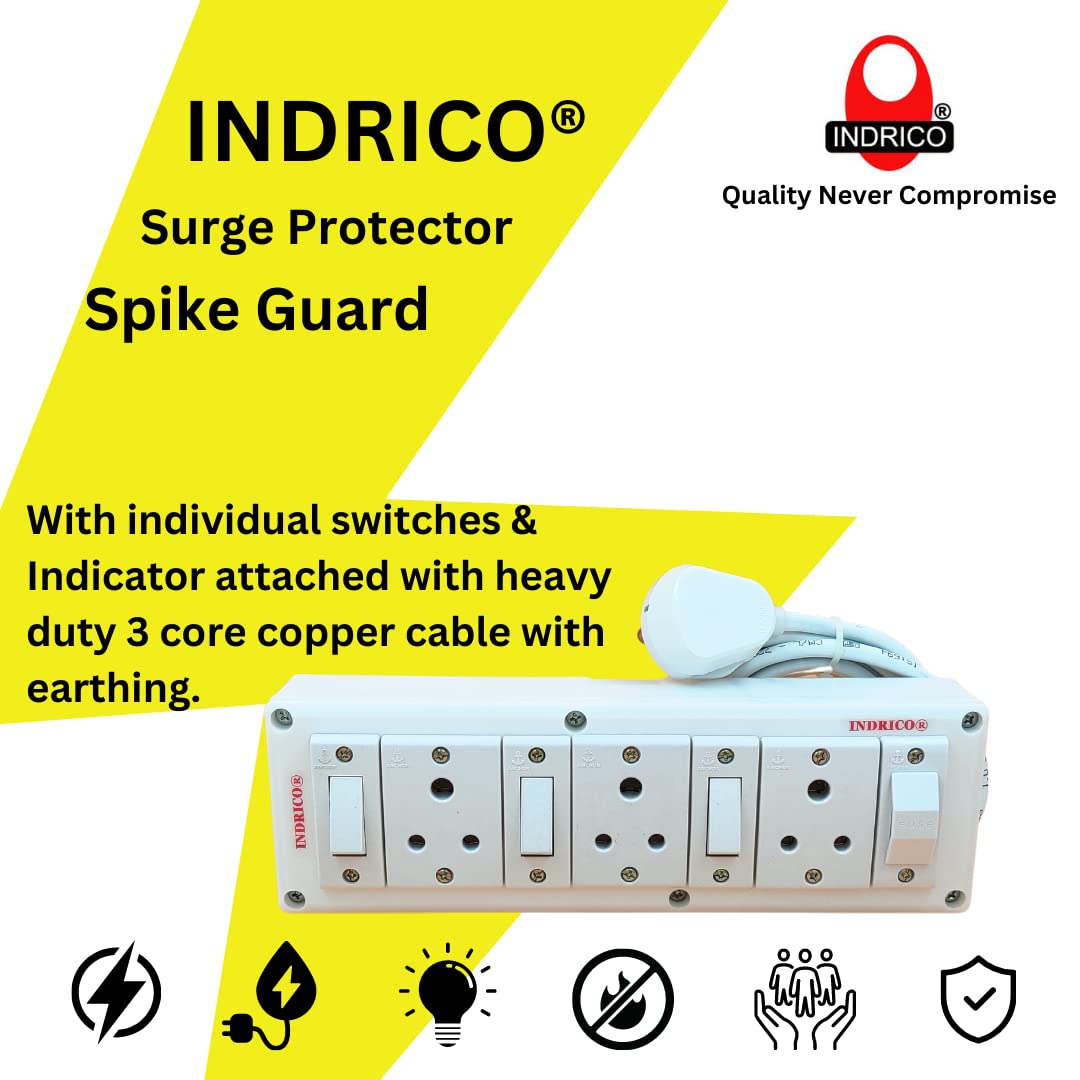 INDRICO Electrical Power Junction Box with Individual Switches Sockets, Long Wire Cable Wall Fitting Board Electric Extension Multi Outlets Spike Guard PVC White