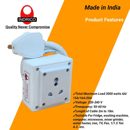 INDRICO Extension Board Heavy Duty 1 Socket 15A 16A 20A High Load Capacity 3000 Watts With 16A Big Plug Pvc White