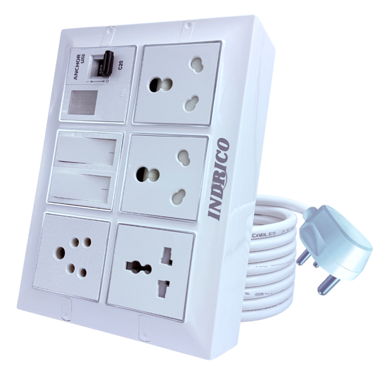 INDRICO Multi Outlet Socket Extension AC Switch Board with MCB 20A 15A 6A 16 Amp Box with Copper Cord Heavy Duty Wall Mounted up-to 3500 Watts 220 Volts