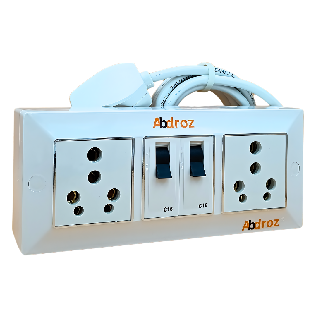 ABDROZ Extension Board - Two 16A Socket & Two 16A MCB Switch | 16A 3 Pin Plug | 3 core Copper Cable | White Color |