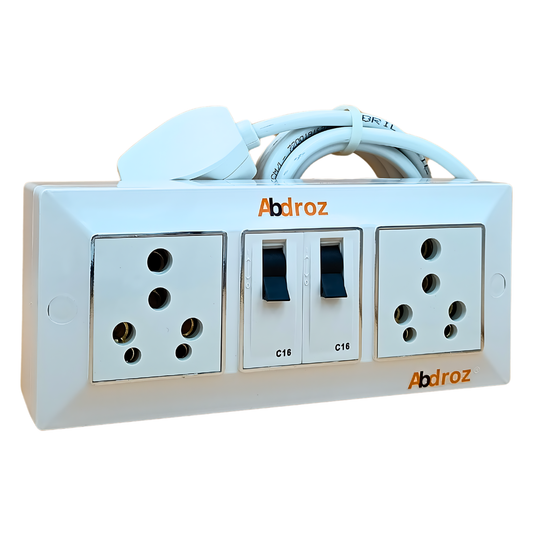 ABDROZ Extension Board - Two 16A Socket & Two 16A MCB Switch | 16A 3 Pin Plug | 3 core Copper Cable | White Color |