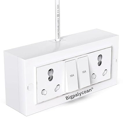 Bigpalycoan Electric Extension Board with Cable- 16A/20A + 16A/20A with Two Switch and Heavy Duty (White), 250 Volts