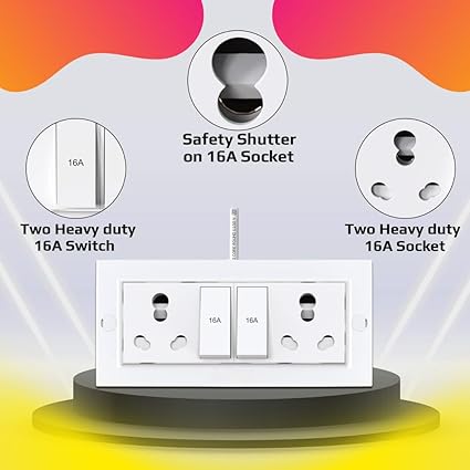 Bigpalycoan Electric Extension Board with Cable- 16A/20A + 16A/20A with Two Switch and Heavy Duty (White), 250 Volts
