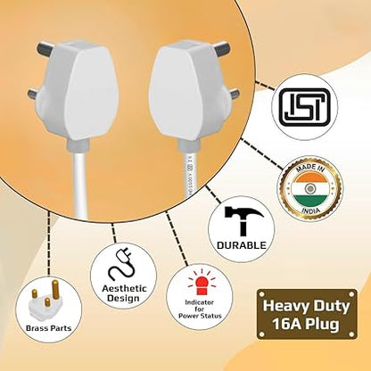 Bigpalycoan Electric Extension Board with Cable- 16A/20A + 16A/20A with Two Switch and Heavy Duty (White), 250 Volts