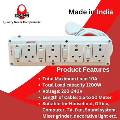 INDRICO® 3 Pins Multi Outlet Extension Boards with Individual Switch White