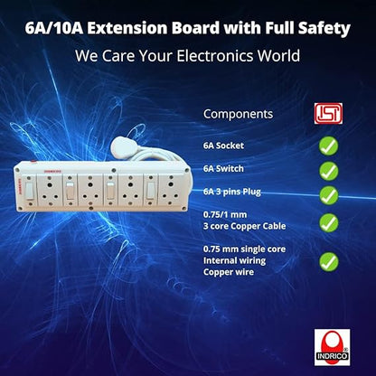 INDRICO® 3 Pins Multi Outlet Extension Boards with Individual Switch White