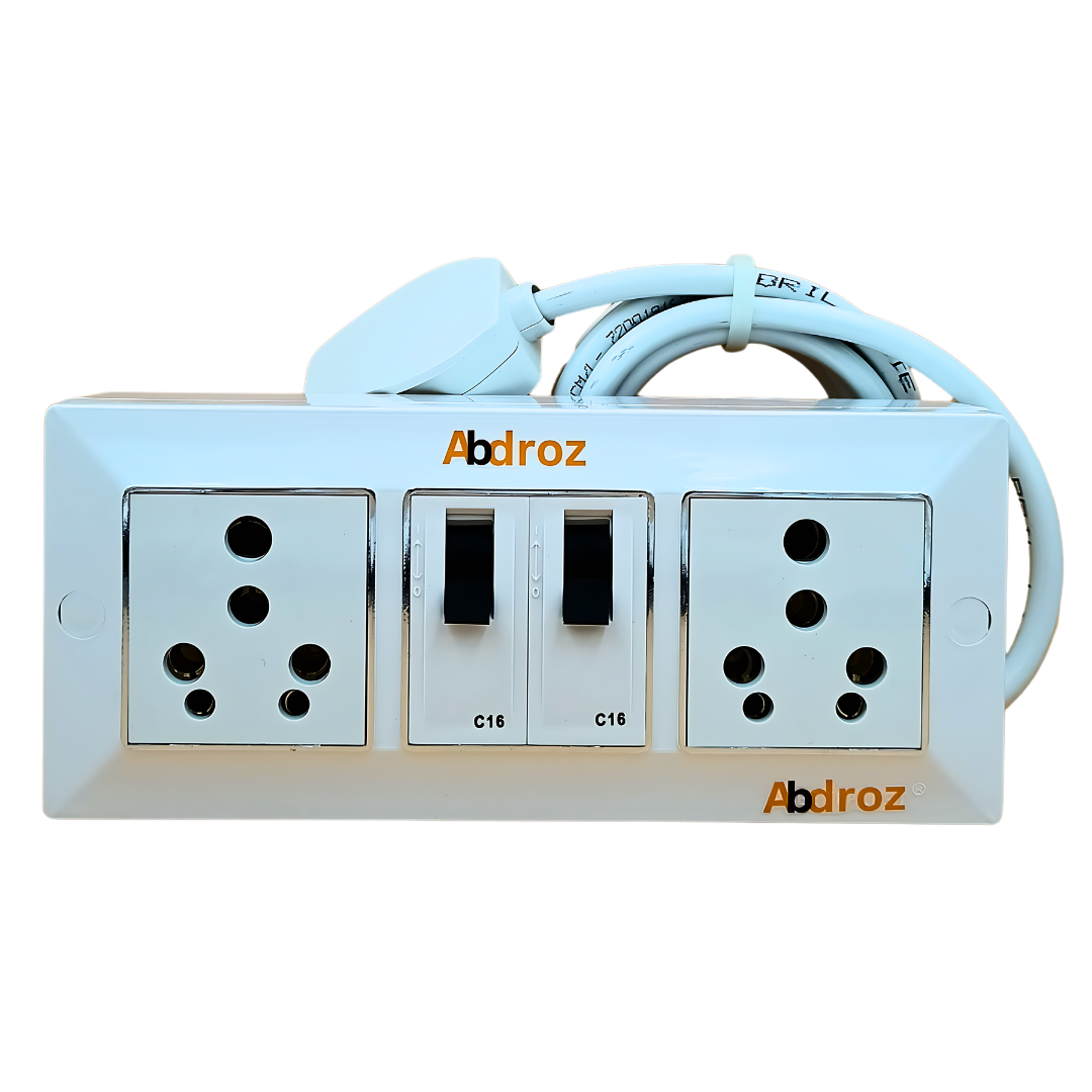 ABDROZ Extension Board - Two 16A Socket & Two 16A MCB Switch | 16A 3 Pin Plug | 3 core Copper Cable | White Color |