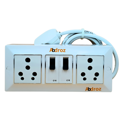 ABDROZ Extension Board - Two 16A Socket & Two 16A MCB Switch | 16A 3 Pin Plug | 3 core Copper Cable | White Color |