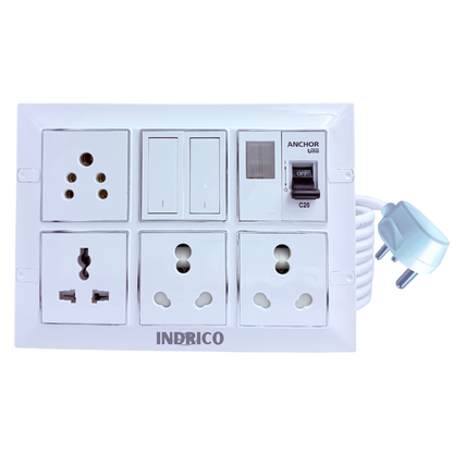 INDRICO Multi Outlet Socket Extension AC Switch Board with MCB 20A 15A 6A 16 Amp Box with Copper Cord Heavy Duty Wall Mounted up-to 2200 Watts 220 Volts