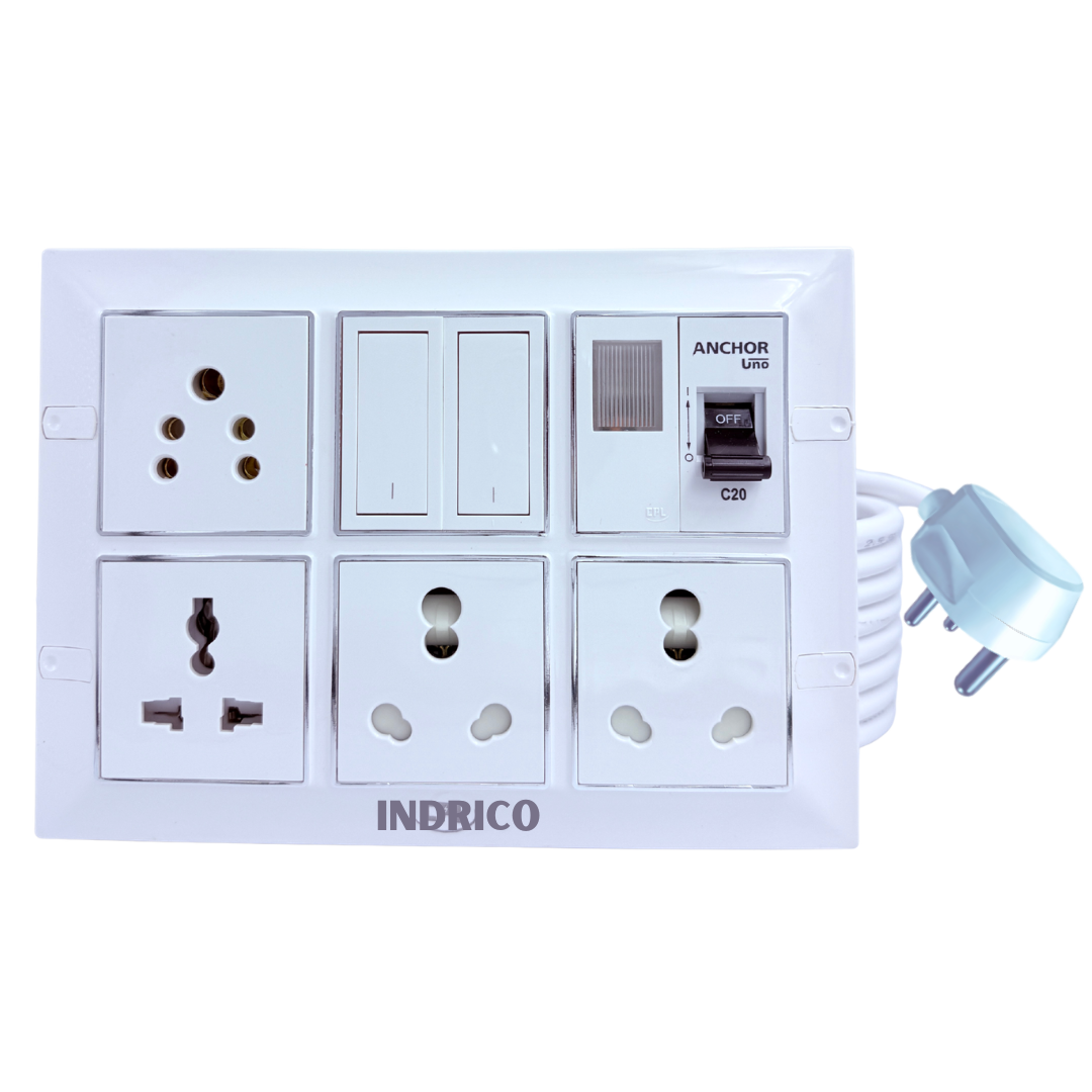INDRICO Multi Outlet Socket Extension AC Switch Board with MCB 20A 15A 6A 16 Amp Box with Copper Cord Heavy Duty Wall Mounted up-to 5000 Watts 220 Volts