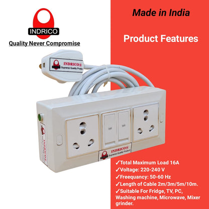 INDRICO Electric Extension Switch Board - 16A/20A + 16A/20A with Individual Switches and Heavy Duty (Rating 2000W) PVC (White) (2 Meter cable), 220 Volts