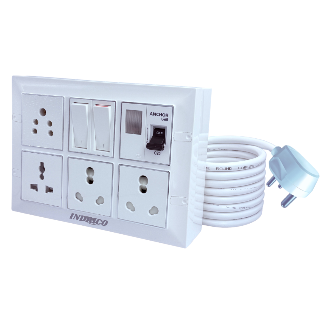 INDRICO Multi Outlet Socket Extension AC Switch Board with MCB 20A 15A 6A 16 Amp Box with Copper Cord Heavy Duty Wall Mounted up-to 2200 Watts 220 Volts