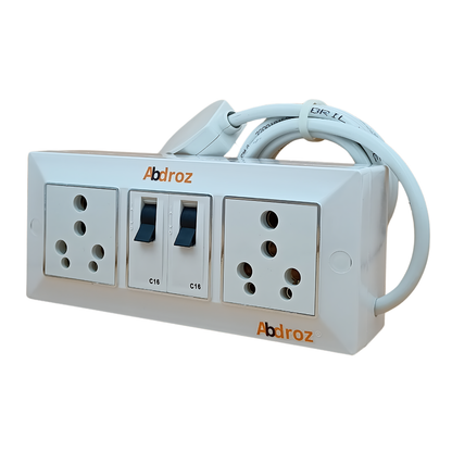 ABDROZ Extension Board - Two 16A Socket & Two 16A MCB Switch | 16A 3 Pin Plug | 3 core Copper Cable | White Color |