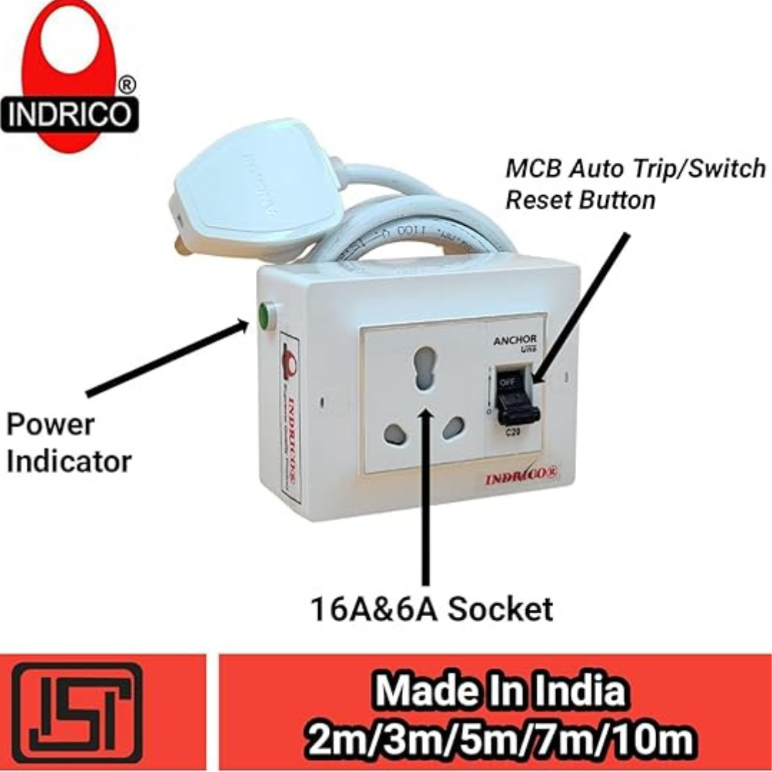 INDRICO 16 Amp Extension Board for Heavy Duty with MCB PVC White Pack of 1 (2.5 MM Cable)