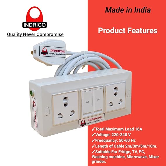 INDRICO Electric Extension Switch Board - 16A/20A + 16A/20A with Individual Switches and Heavy Duty (Rating 2000W)