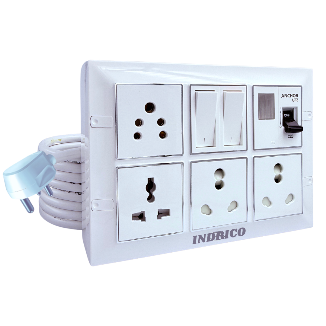 INDRICO Multi Outlet Socket Extension AC Switch Board with MCB 20A 15A 6A 16 Amp Box with Copper Cord Heavy Duty Wall Mounted up-to 2200 Watts 220 Volts