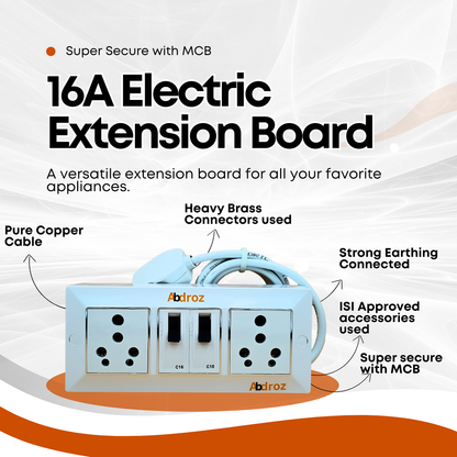ABDROZ Extension Board - Two 16A Socket & Two 16A MCB Switch | 16A 3 Pin Plug | 3 core Copper Cable | White Color |