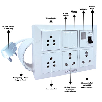 INDRICO 6A 16A Power Extension Board Box with MCB up-to 2200 Watts 220 Volts