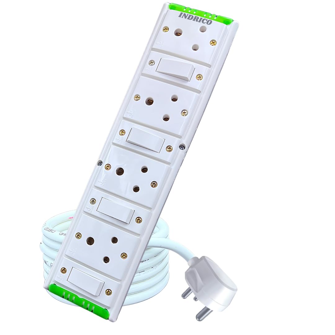 INDRICO® Extension Boards with Individual Switch of 4 Sockets with 5 Meter Long Cable PVC White