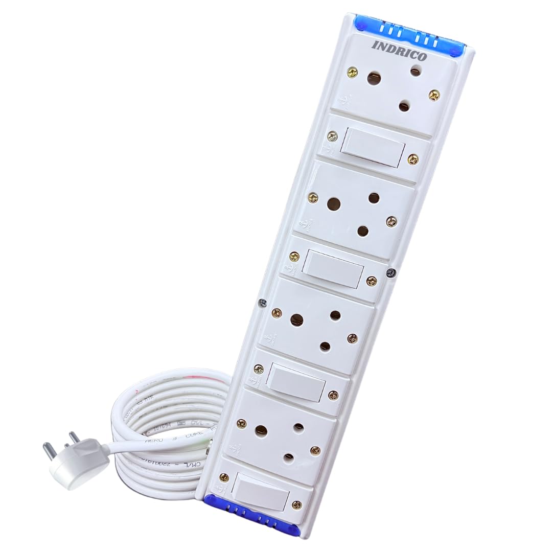 INDRICO® Extension Boards with Individual Switch of 4 Sockets with 5 Meter Long Cable PVC White