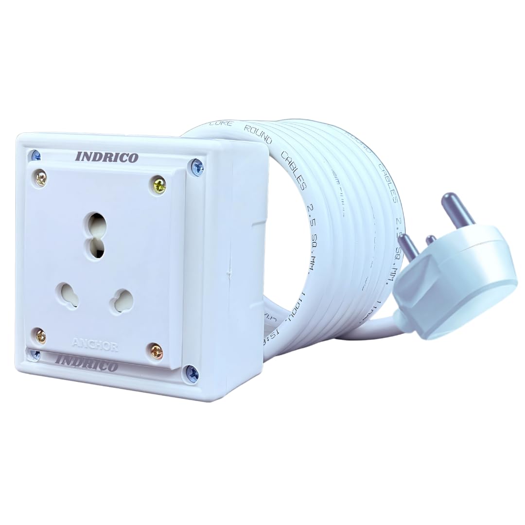INDRICO Extension Board Heavy Duty 1 Socket 15A 16A 20A High Load Capacity 3000 Watts with 16A Big Plug PVC White (3 Meter)