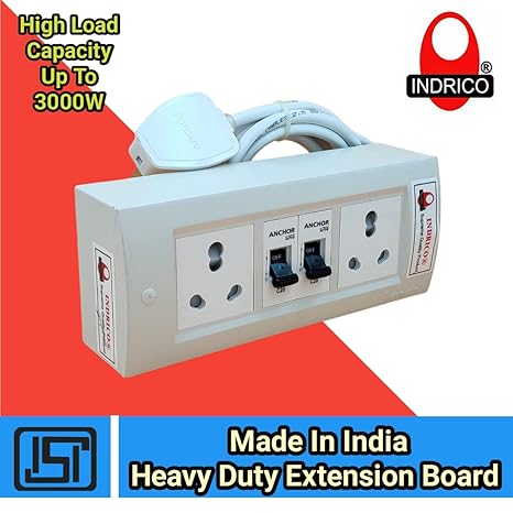 INDRICO Electric Extension Board with 15A/16A/20A Sockets and 16A/20A/25A MCB Heavy Duty 2.5mm Long Wire (Rating 3000W) PVC White