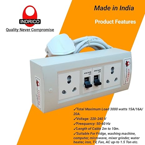 INDRICO Electric Extension Board with 15A/16A/20A Sockets and 16A/20A/25A MCB Heavy Duty 2.5mm Long Wire (Rating 3000W) PVC White