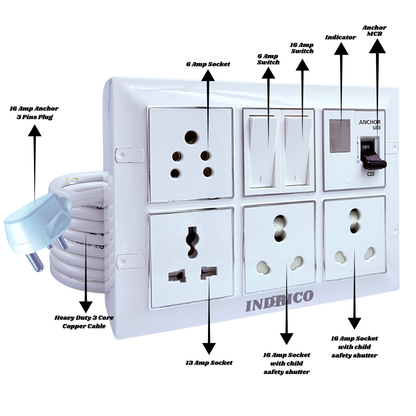INDRICO Multi Outlet Socket Extension AC Switch Board with MCB 20A 15A 6A 16 Amp Box with Copper Cord Heavy Duty Wall Mounted up-to 2200 Watts 220 Volts