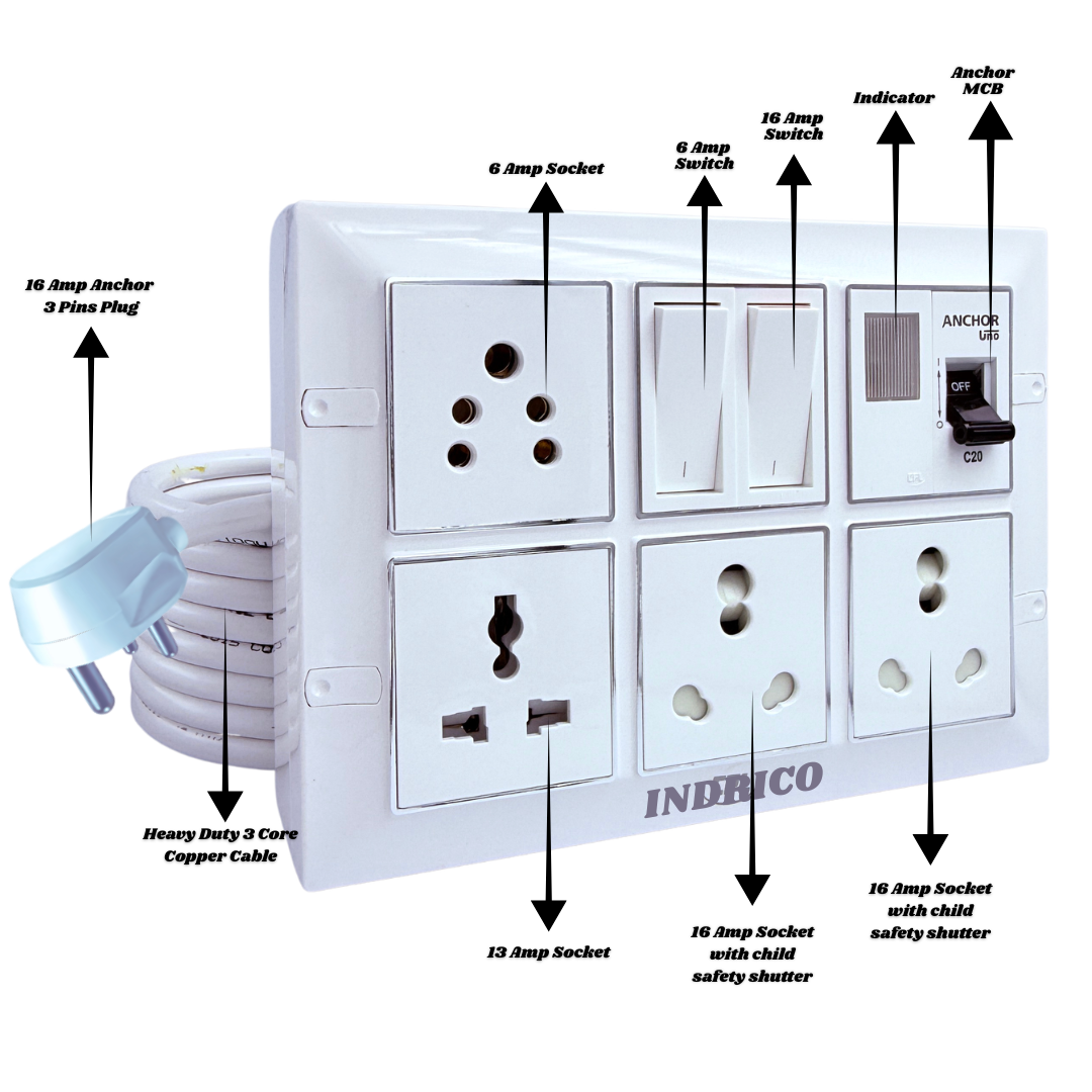 INDRICO Multi Outlet Socket Extension AC Switch Board with MCB 20A 15A 6A 16 Amp Box with Copper Cord Heavy Duty Wall Mounted up-to 3500 Watts 220 Volts