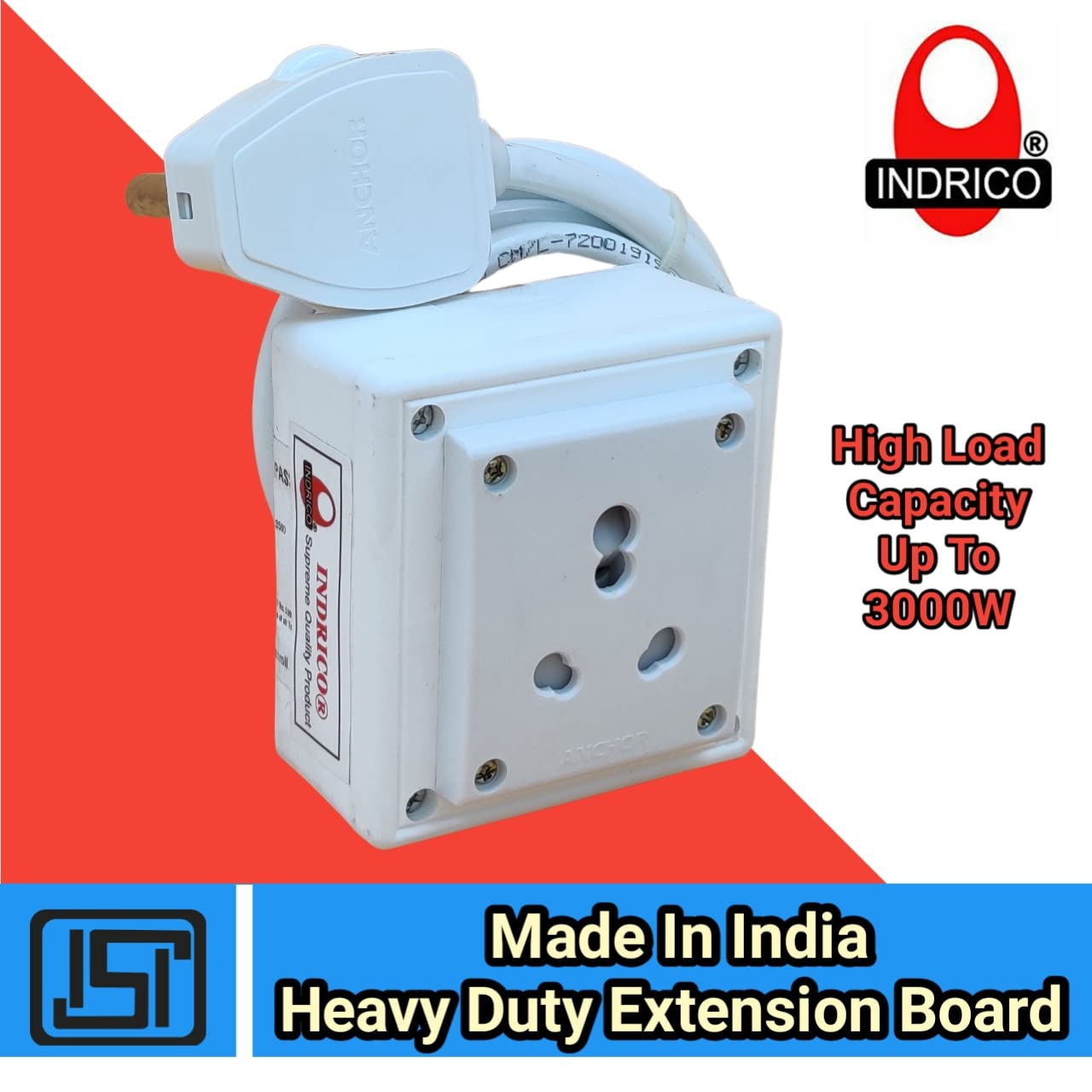 INDRICO Extension Board Heavy Duty 1 Socket 15A 16A 20A High Load Capacity 3000 Watts with 16A Big Plug