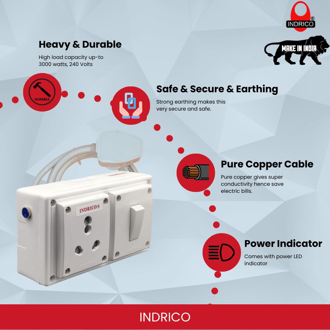 Heavy Duty 16a Extension Board With Individual Switch Power Indicator 15A 16A 20A Wall Mount Earthing Connected Long Copper Cable(Max. rating 3000W)