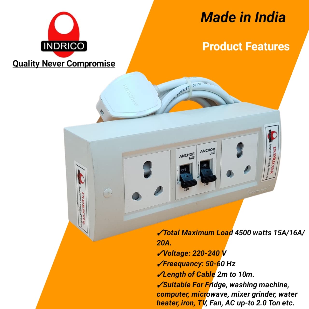 INDRICO Electric Extension Board with 15A/16A/20A Sockets and 16A/20A/25A MCB Heavy Duty 4mm Long Wire (Rating 4500W) PVC White