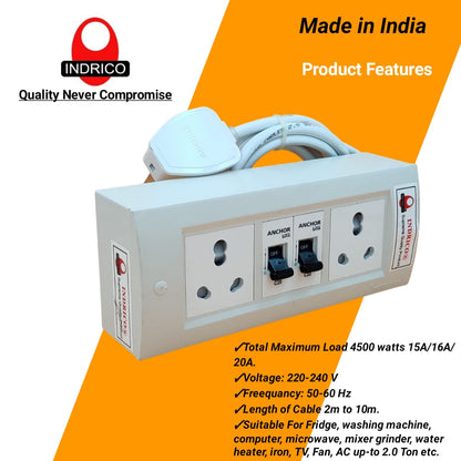 INDRICO Electric Extension Board with 15A/16A/20A Sockets and 16A/20A/25A MCB Heavy Duty 4mm Long Wire (Rating 4500W) PVC White