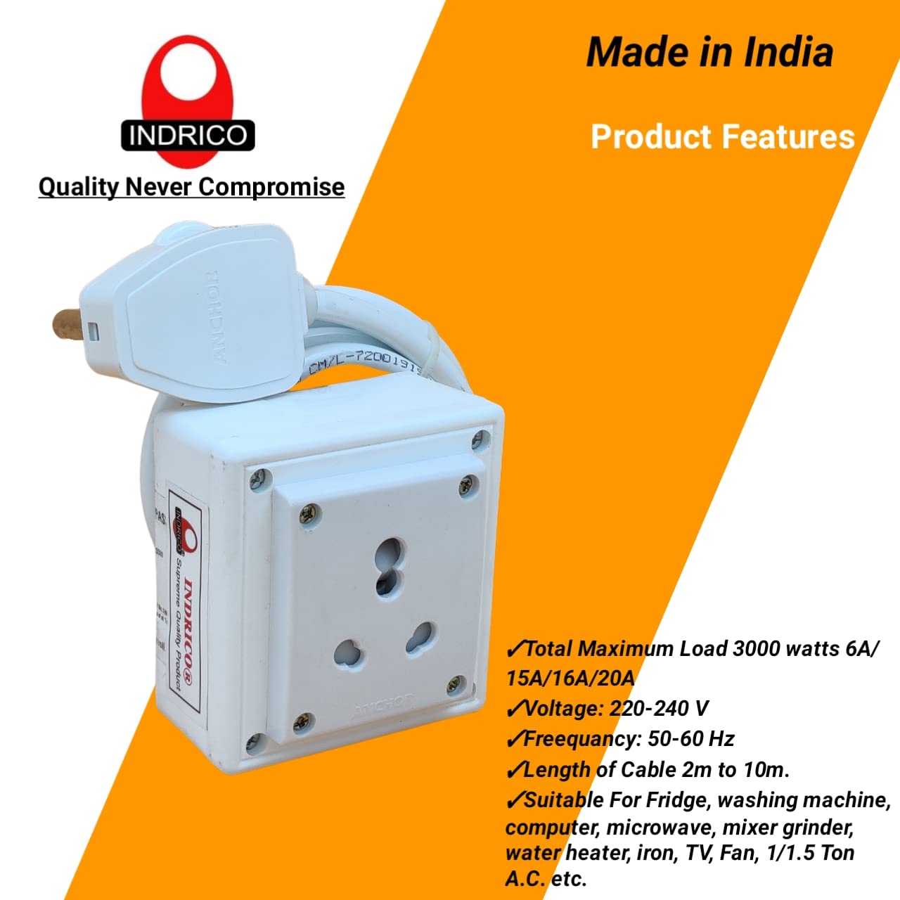 INDRICO Extension Board Heavy Duty 1 Socket 15A 16A 20A High Load Capacity 3000 Watts with 16A Big Plug PVC White (3 Meter)