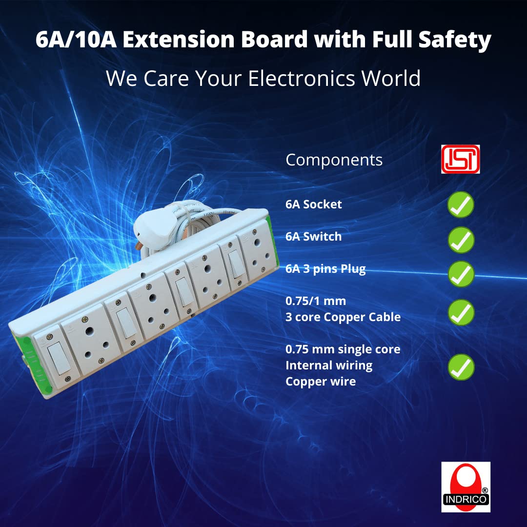INDRICO® Extension Boards with Individual Switch of 4 Sockets with 5 Meter Long Cable PVC White