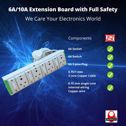 INDRICO® Extension Boards with Individual Switch of 4 Sockets with 5 Meter Long Cable PVC White
