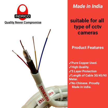 INDRICO 3+1 RG 59 Jelly Folded Pure Copper CCTV Cable Wire for Security Cameras White PVC
