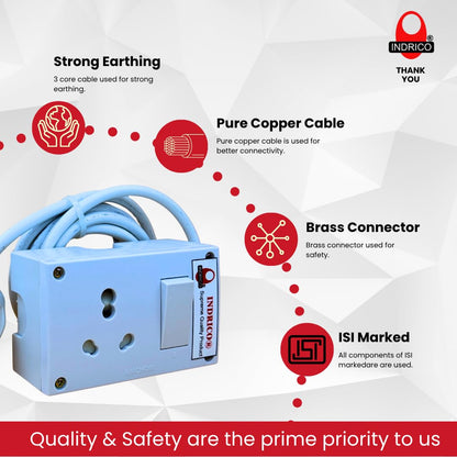 INDRICO® 16A Power Extension Board with Heavy Duty Wire for Microwave, Induction Cooker, Fridge, Washing Machine, 1 Ton A.C, Anchor Switch & Socket & Plug (Up-to 2000 watts)