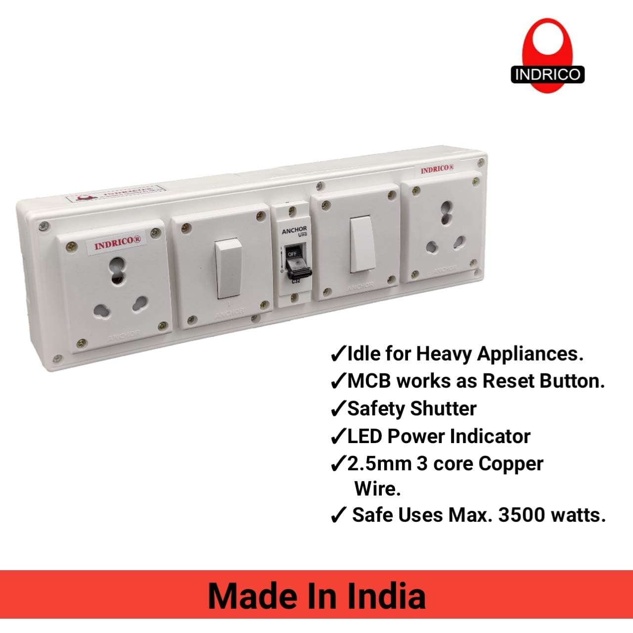 Extension Board for Heavy Appliances, AC/Washing Machine/Fridge/Micro Oven (2+2) 20 AMP 2.5 mm 3 core Copper Wire New