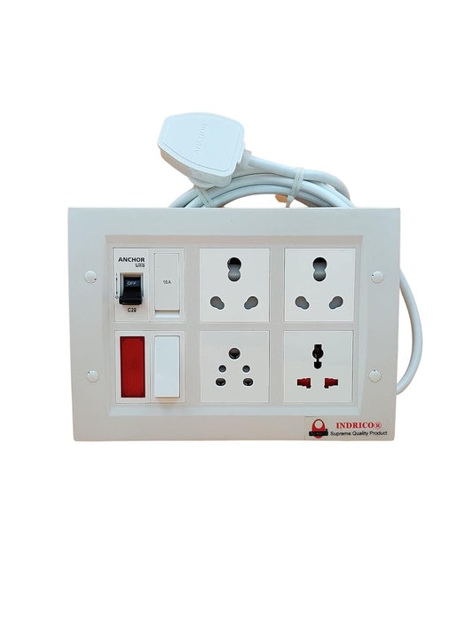 INDRICO Multi Outlet Socket Extension AC Switch Board with MCB 20A 15A 6A 16 Amp Box with Copper Cord Heavy Duty Wall Mounted up-to 2200 Watts 220 Volts